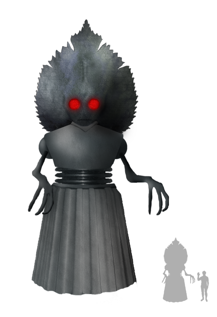 A 3D model depicting the monster's appearance, with a diagram for scaling purposes